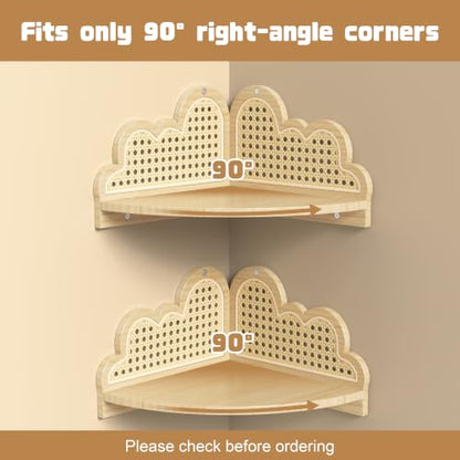 Rattan Corner Floating Shelves Set of 3 - Natural Boho Wall Storage