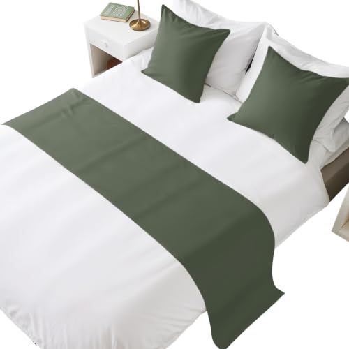 King Size Army Green Bed Runner with Matching Pillow Covers - Minimalist Decor