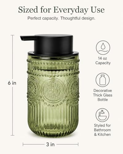 Vintage Green Glass Foam Soap Dispenser with Embossed Sunflower Pattern