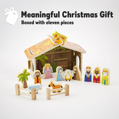 Nativity Scene Christmas Wooden Set with Barn - 12 Piece Holiday Decor