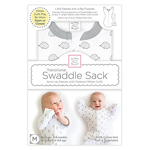 SwaddleDesigns Transitional Swaddle Sack, Arms Up Half-Length Sleeves & Mitten Cuffs, Swaddle for Newborn Transition to Baby Sleep Sack Wearable Blanket, Medium, 3-6 month, 14-21 lb, Tiny Hedgehogs