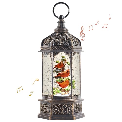 Hexagon Lighted Musical Snow Globe Lantern with Red Cardinals - Indoor Holiday Decor
