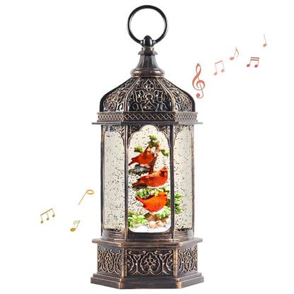 Hexagon Lighted Musical Snow Globe Lantern with Red Cardinals - Indoor Holiday Decor