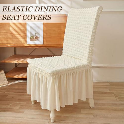 Stretchable Dining Chair Slipcover with Skirt Bubble Texture Khaki