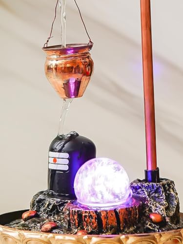 Indoor Water Fountain with LED Light Ball, Copper Pot & Gold Base – Tabletop Decor