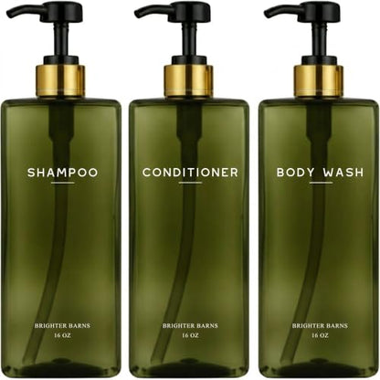 Green Refillable Shampoo and Conditioner Dispenser Set - 16oz Bathroom Bottles with Pump - Eco-Friendly Shower Organizer - Brighter Barns