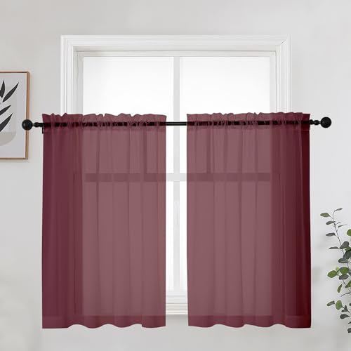 OWENIE Short Burgundy Red Sheer Curtains 36 Inches 2 Panels Set - Kitchen Tiers Valances Curtains Light Filter Rod Pocket Voile Cafe Curtains for Kitchen Bathroom Small Half Window, 42 in W x 36 in L