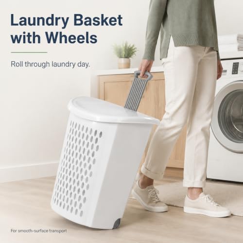 Laundry Basket with Wheels 2 Bushel Flip-Top Lid for Dorms and Apartments