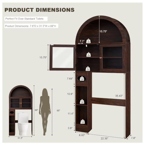 Over-the-Toilet Storage Cabinet with Arched Top - Dark Walnut, 68" Tall
