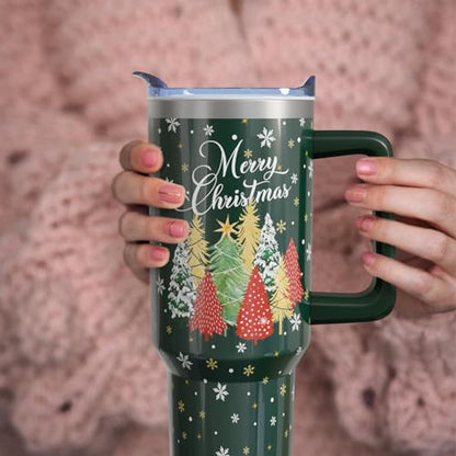 Pink Christmas Tumbler with Handle and Straw, 40oz Insulated Stainless Steel Snowman Cup - Green-Tree Variation