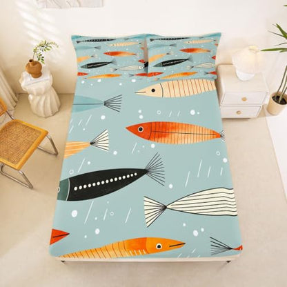 Grey-Blue Queen Size Fish Sheets Set - Colorful Nautical Bedding for Kids & Adults