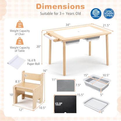 HONEY JOY 3-Piece Sensory Table and Chair Set for Kids with Adjustable Height, Dual Sided Top, Bins & Art Accessories