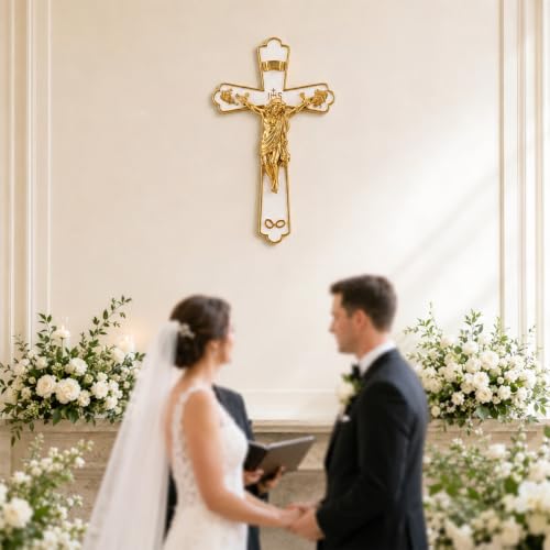 Catholic Wedding Wall Crucifix 7.9 Inch in White & Gold, Religious Wall Decor