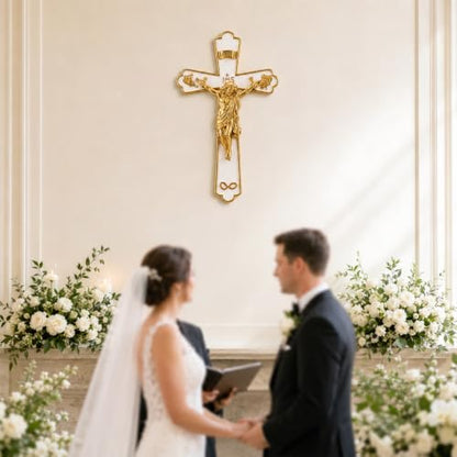Catholic Wedding Wall Crucifix 7.9 Inch in White & Gold, Religious Wall Decor