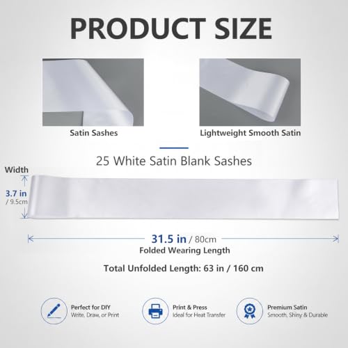 Lightweight Satin Sashes for Events - Blank White Party Decorations 25 Pack