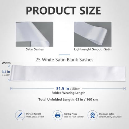 Lightweight Satin Sashes for Events - Blank White Party Decorations 25 Pack
