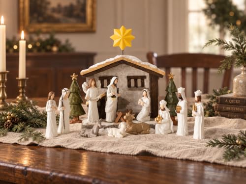 Indoor Nativity Scene Set with 15 Figures and Light-Up Christmas Decor