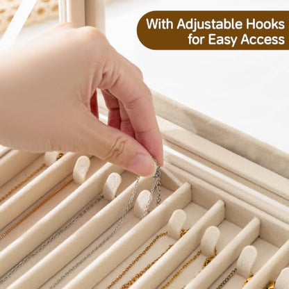 Beige Necklace Organizer with 15 Hooks Velvet Lid Jewelry Holder