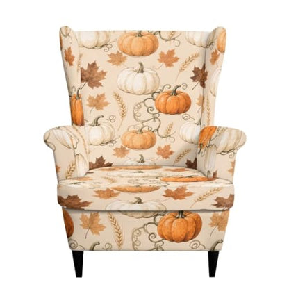 Fall Pumpkin Wingback Chair Slipcover Set - Beige Autumn Decor with Pattern