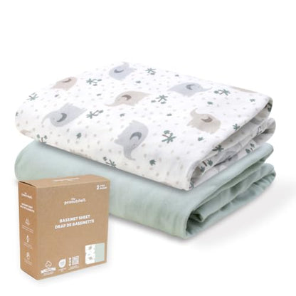 Organic Cotton Bassinet Sheets - Elephant Print Baby Bed Sheets 2 Pack - Boy Girl