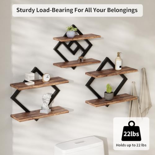 2-Tier Wooden Floating Wall Shelves Set - Brown, 3 Pieces