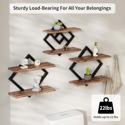 2-Tier Wooden Floating Wall Shelves Set - Brown, 3 Pieces