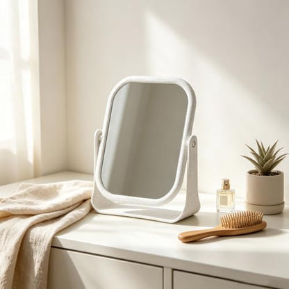Beige Plastic 360-Degree Rotating Double-Sided Makeup Mirror - Rectangular, Desktop Stand