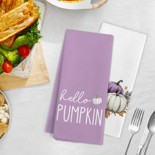 Fall Hello Pumpkin Kitchen Hand Towels Set of 2 - Purple Fall Theme, 16x24 Inches - Fall7 Variation