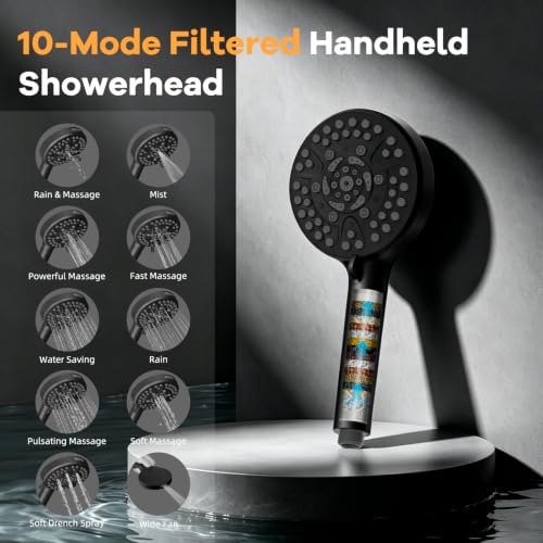 Rain Shower Head Combo with 10-Mode Filtered Handheld Spray - Black, Square 13"