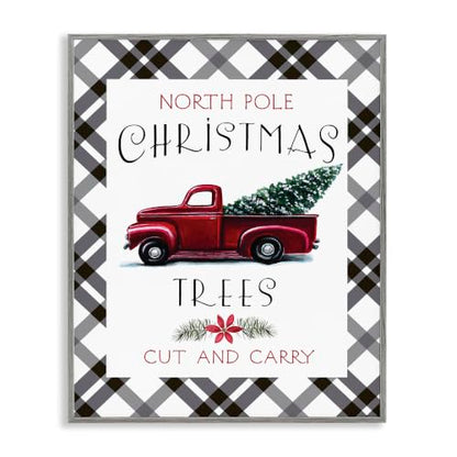 North Pole Christmas Trees Red Truck Framed Giclée Wall Art - Grey, 30x24 Inches
