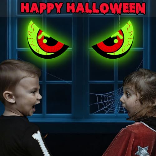 Halloween Window Decorations - Spooky Glowing Eyes, Glow in Dark Indoor & Outdoor, Solar Light-Up Wall & Lawn Decor - Style_A