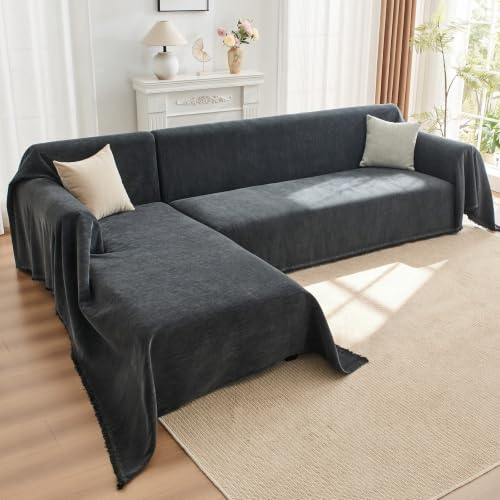 Anti-Slip L Shaped Sectional Couch Cover for 2-3 Seats + Chaise - Dark Grey XL