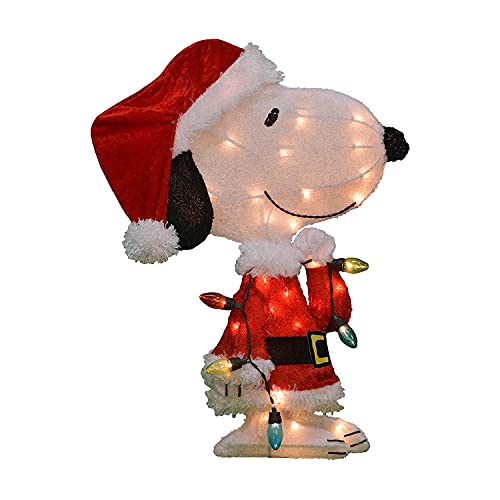 Pre-Lit Peanuts Snoopy Santa Christmas Yard Decoration - 24 Inch Outdoor Indoor Holiday Ornament with Lights and Stand