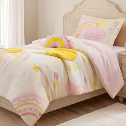 Kids Pink Sunshine Comforter Set - Twin/Twin XL with Rainbow Pillow