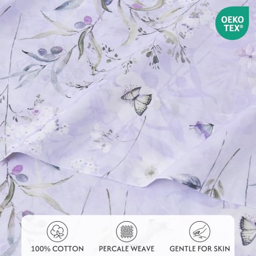 Light Purple Floral Queen Cotton Sheet Set - 4 Piece Percale Bedding