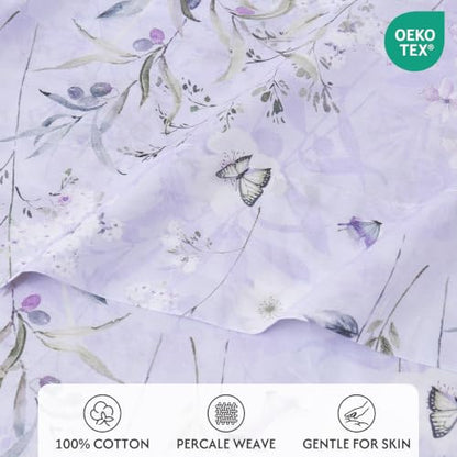 Light Purple Floral Queen Cotton Sheet Set - 4 Piece Percale Bedding
