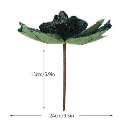 Large Glitter Christmas Magnolia Flowers Set - Blackish Green, 10 Inch
