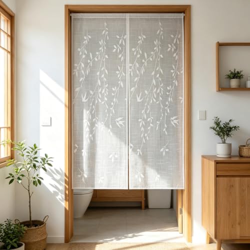 AiDamai 39"W x 63"L Doorway Curtain - Semi-Sheer Room Divider with Willow Embroidery, White-Leaf (1PC) Variation