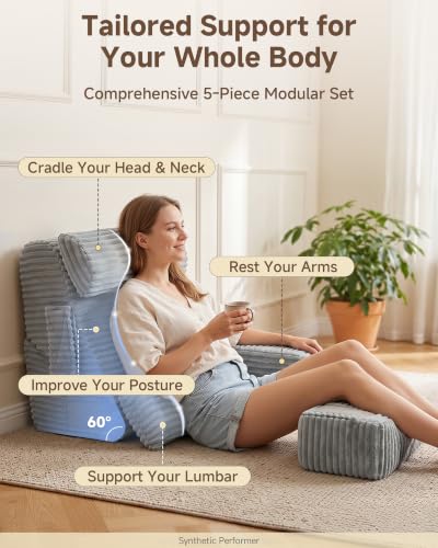 Foldable Reading Pillow for Bed 19" Grey 5-Piece Support System