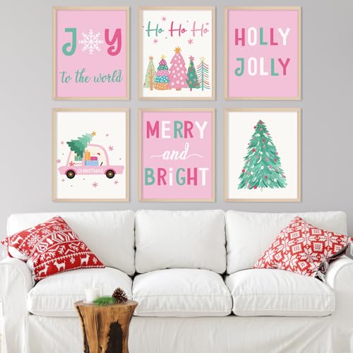 Christmas Wall Art Prints Set - Pink Holiday Decor for Living Room & Bedroom, 8x10 Inch Unframed