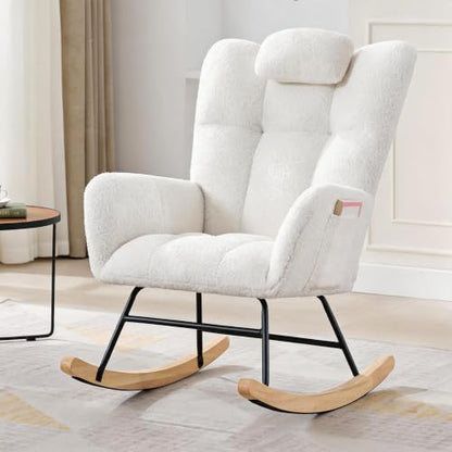 Beige Upholstered Glider Rocking Chair with High Backrest - Ideal for Nursery and Living Room