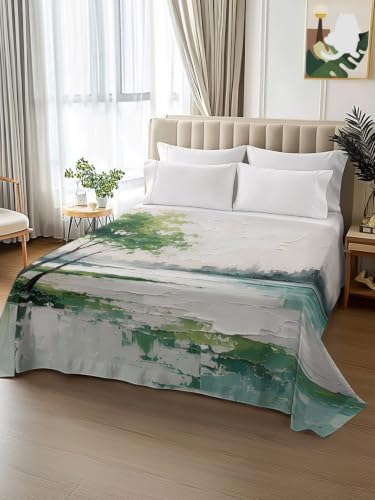 Queen Flat Sheet - Green Forest Tree Mountain Pastoral Landscape Microfiber Bedding, Sage Green, Queen Size