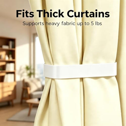 White Adhesive Curtain Holdbacks - No Drill, Damage-Free Peel & Stick, 2 Pack