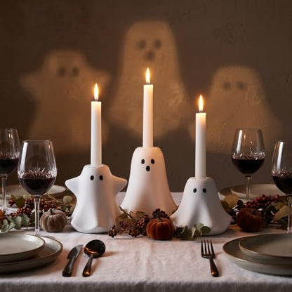 White Ghost Taper Candle Holder Set of 3 Spooky Halloween Decor