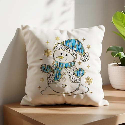 Christmas Snowman Pillow Cover 18x18 - Blue Glitter Winter Decor - Snowman1