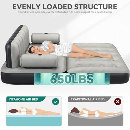 Queen Size Air Sofa Bed Mattress with Headboard & Pump - Black, Portable & Inflatable