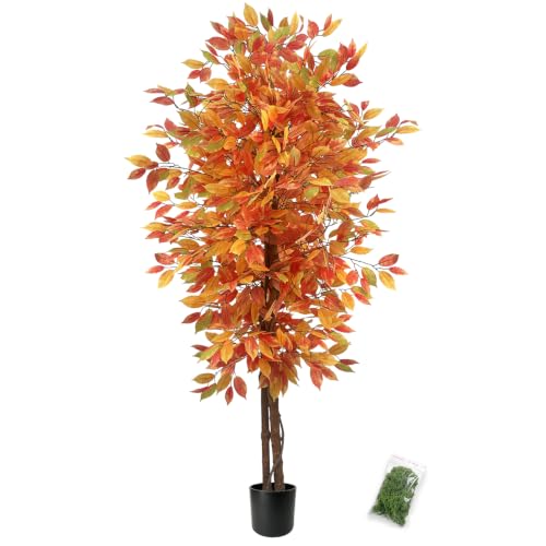6FT Artificial Ficus Tree with Autumn Fall Foliage - Realistic Seasonal Decor Orange