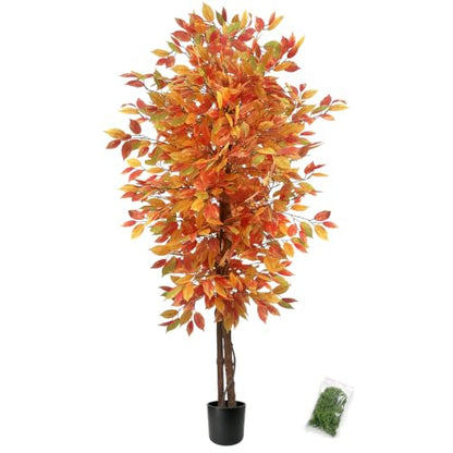 6FT Artificial Ficus Tree with Autumn Fall Foliage - Realistic Seasonal Decor Orange