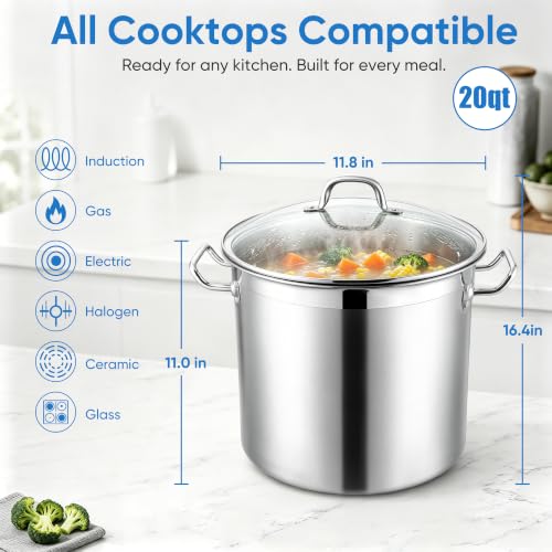 E-far 20 Quart Tri-Ply Stainless Steel Stock Pot with Lid - Induction Ready
