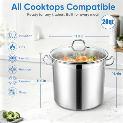 E-far 20 Quart Tri-Ply Stainless Steel Stock Pot with Lid - Induction Ready